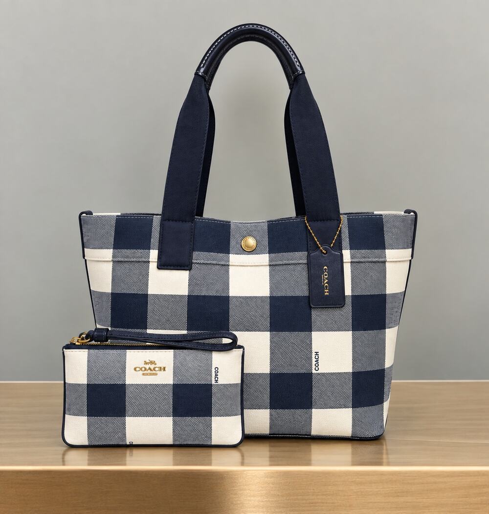 Coach F25919 Buffalo Plaid Canvas Tote Bag & F26620 Large Wristlet